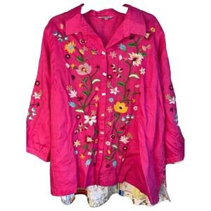 John Mark Womens Size Large Pink Linen Embroidered Floral Blouse 3/4 Sleeves